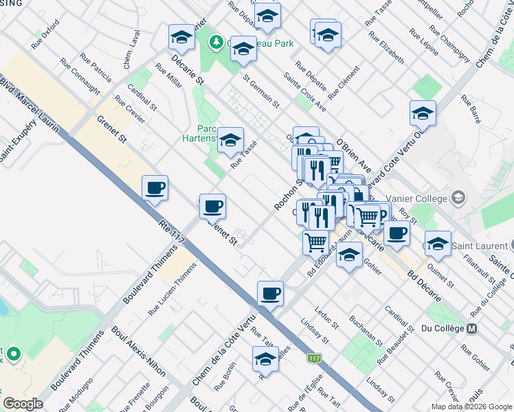 map of restaurants, bars, coffee shops, grocery stores, and more near 1254 Rue Cardinal in Montréal