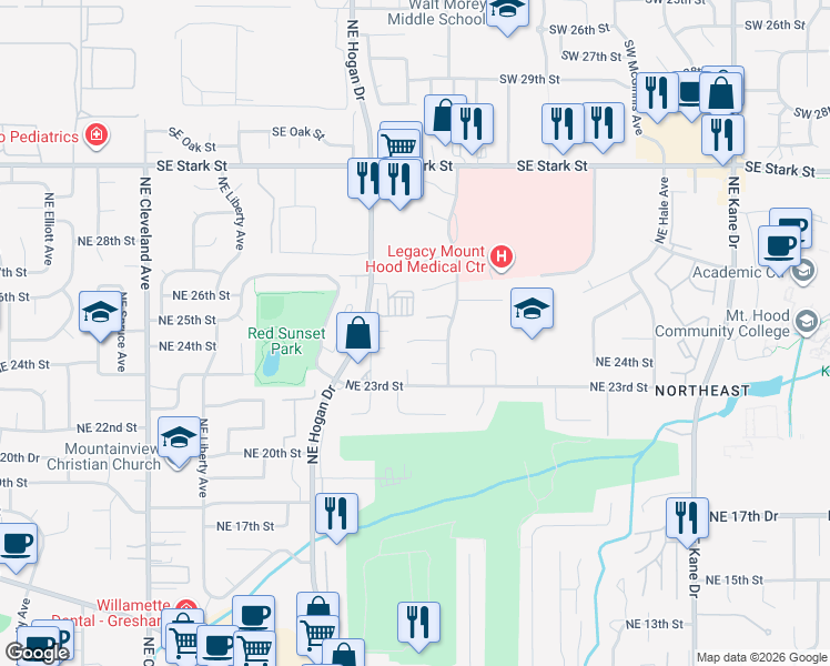 map of restaurants, bars, coffee shops, grocery stores, and more near 2115 Northeast 25th Court in Gresham