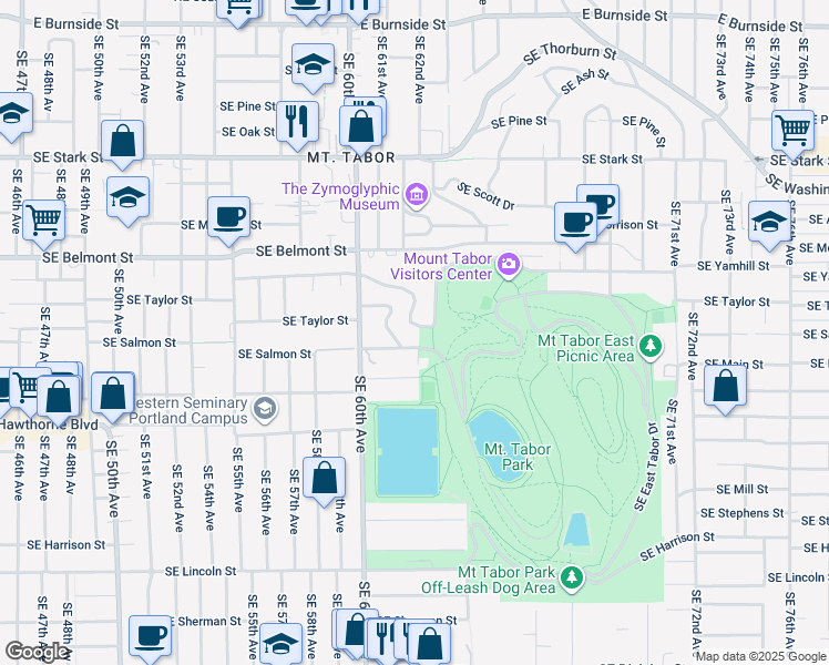 map of restaurants, bars, coffee shops, grocery stores, and more near 6330 Southeast Yamhill Street in Portland