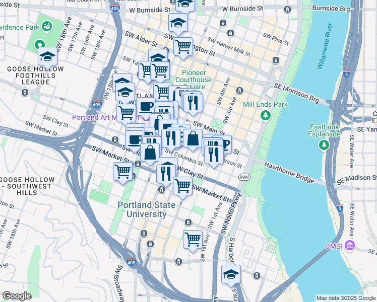 map of restaurants, bars, coffee shops, grocery stores, and more near 1335 SW 5th Ave in Portland
