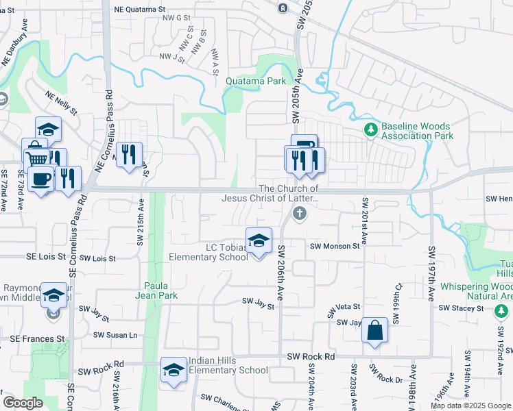 map of restaurants, bars, coffee shops, grocery stores, and more near 725 Southwest 207th Place in Beaverton