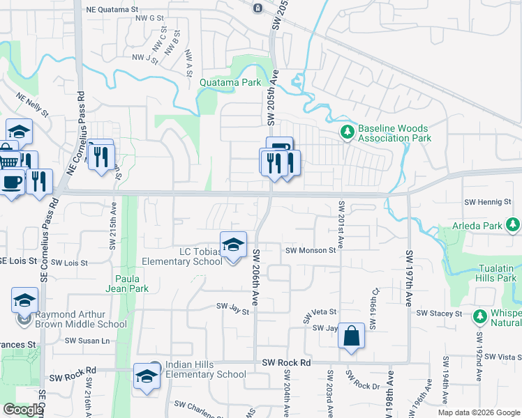 map of restaurants, bars, coffee shops, grocery stores, and more near 726 Southwest 206th Place in Aloha
