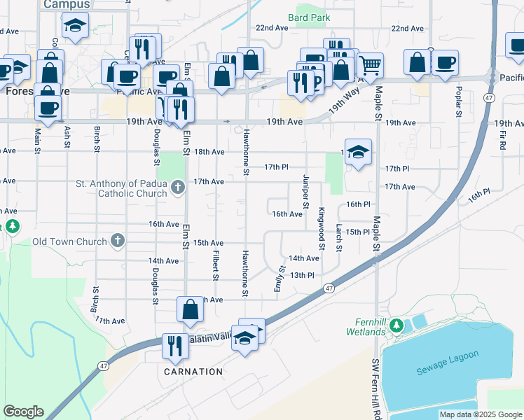 map of restaurants, bars, coffee shops, grocery stores, and more near 1617 Hawthorne Street in Forest Grove