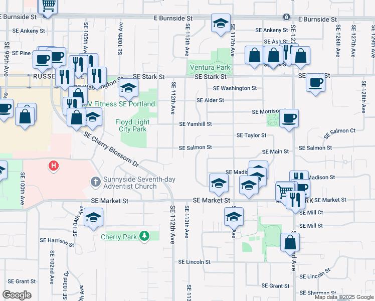 map of restaurants, bars, coffee shops, grocery stores, and more near 1208 Southeast 113th Avenue in Portland