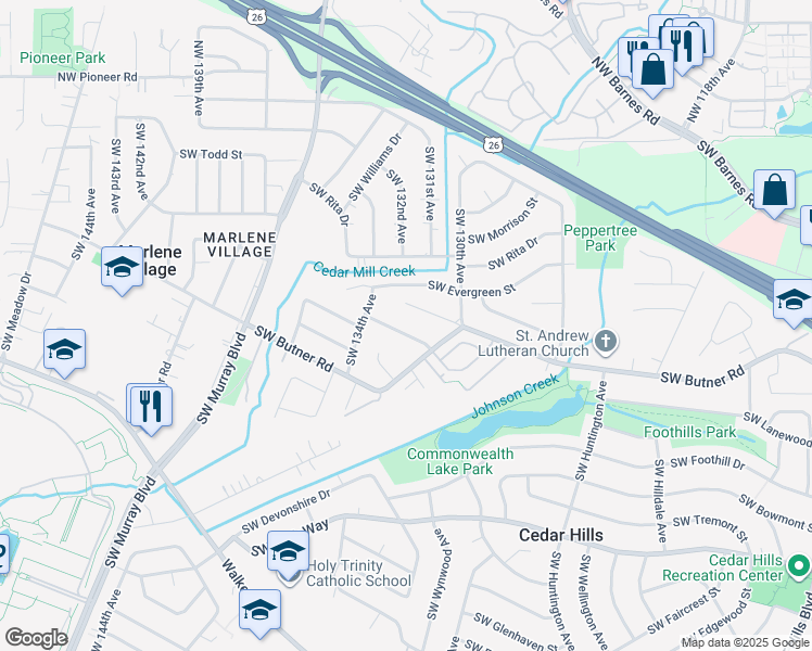map of restaurants, bars, coffee shops, grocery stores, and more near 13235 Southwest Aragon Street in Beaverton