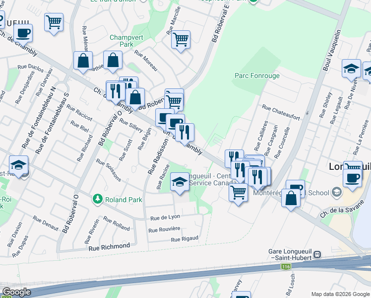 map of restaurants, bars, coffee shops, grocery stores, and more near 3408 Chemin de Chambly in Longueuil