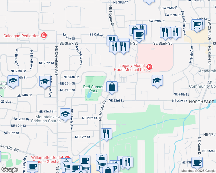map of restaurants, bars, coffee shops, grocery stores, and more near 2400 Northeast Red Sunset Drive in Gresham