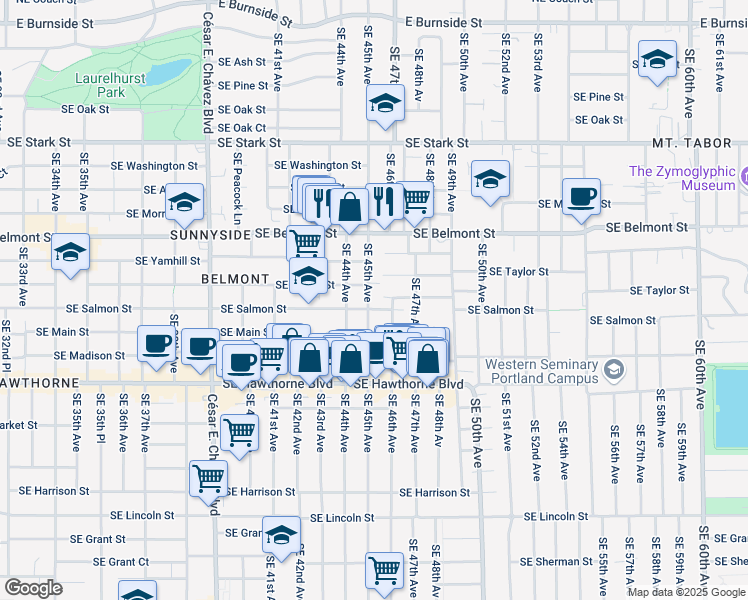 map of restaurants, bars, coffee shops, grocery stores, and more near 1128 Southeast 45th Avenue in Portland