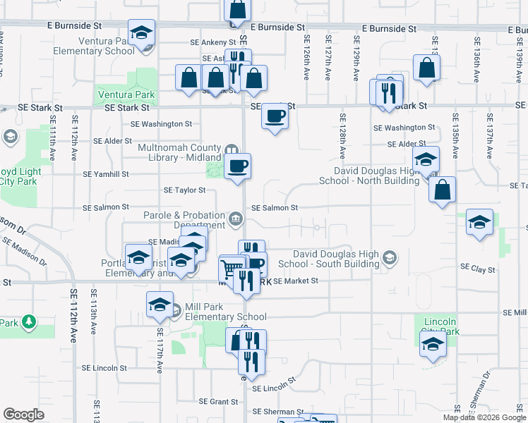 map of restaurants, bars, coffee shops, grocery stores, and more near 12308 Southeast Salmon Street in Portland