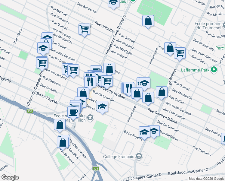 map of restaurants, bars, coffee shops, grocery stores, and more near 2013 Rue Sainte-Hélène in Longueuil