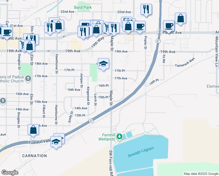 map of restaurants, bars, coffee shops, grocery stores, and more near 1614 Maple Place in Forest Grove