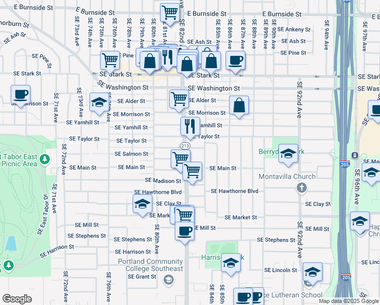 map of restaurants, bars, coffee shops, grocery stores, and more near 1164 Southeast 82nd Avenue in Portland