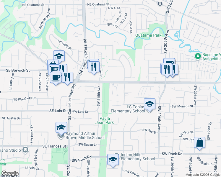 map of restaurants, bars, coffee shops, grocery stores, and more near 21280 Southwest Baseline Road in Beaverton