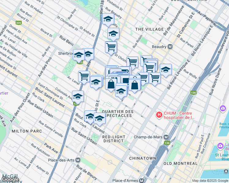 map of restaurants, bars, coffee shops, grocery stores, and more near Rue Émery in Montréal