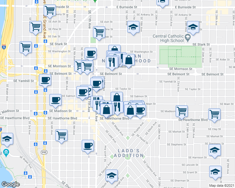 map of restaurants, bars, coffee shops, grocery stores, and more near 1435 Southeast Salmon Street in Portland