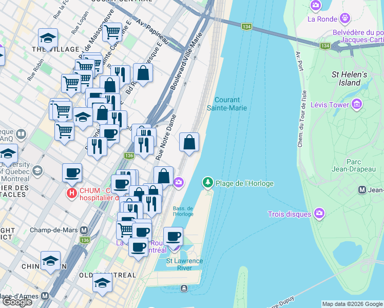 map of restaurants, bars, coffee shops, grocery stores, and more near 1010 Rue de la Commune Est in Montréal