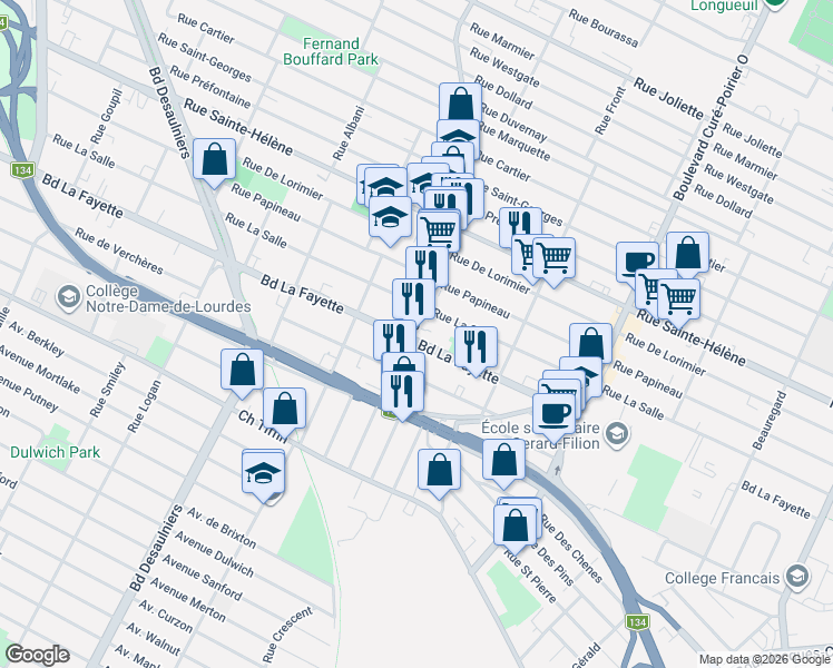 map of restaurants, bars, coffee shops, grocery stores, and more near 1292 Chemin du Coteau-Rouge in Longueuil