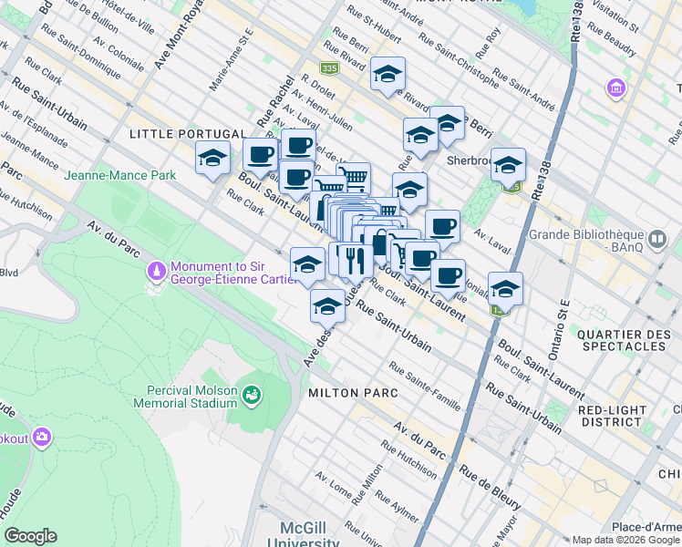 map of restaurants, bars, coffee shops, grocery stores, and more near 3788 Rue Sewell in Montréal