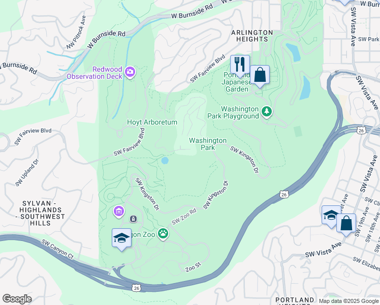 map of restaurants, bars, coffee shops, grocery stores, and more near 3204 Southwest Upper Cascade Drive in Portland