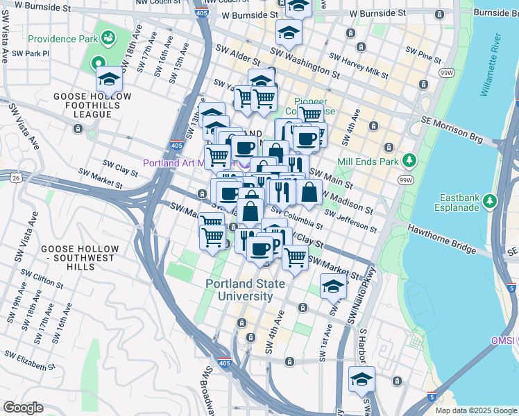 map of restaurants, bars, coffee shops, grocery stores, and more near 1455 Southwest Broadway in Portland