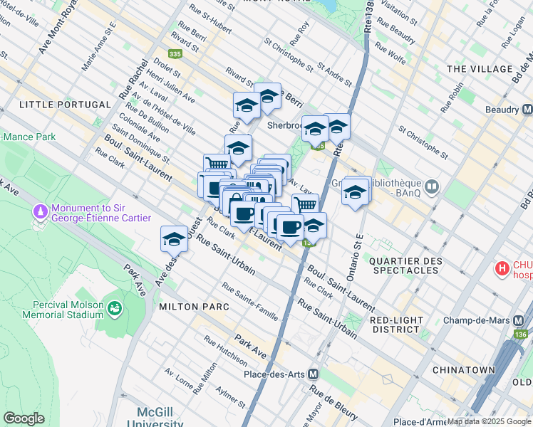 map of restaurants, bars, coffee shops, grocery stores, and more near 3554 Avenue Coloniale in Montréal