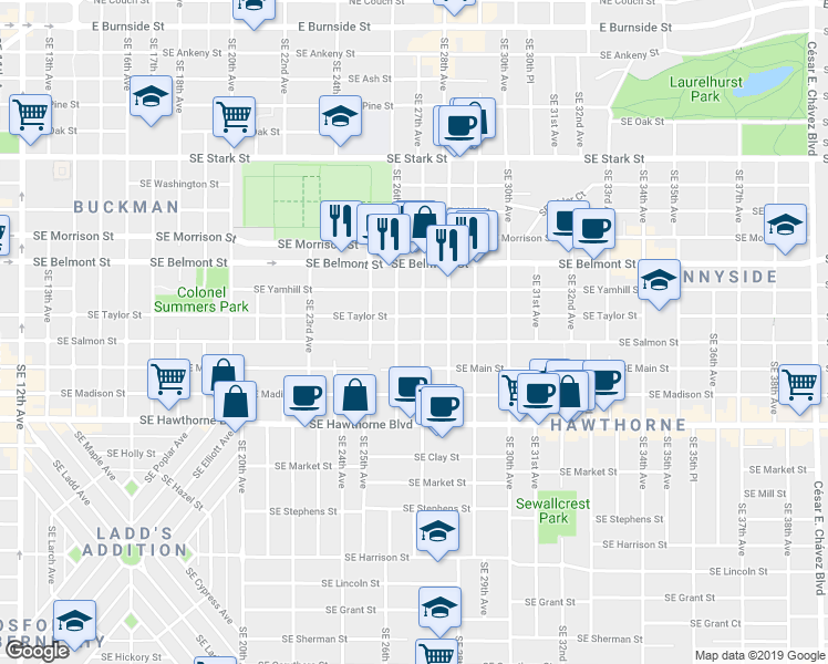 map of restaurants, bars, coffee shops, grocery stores, and more near 1115 Southeast 27th Avenue in Portland