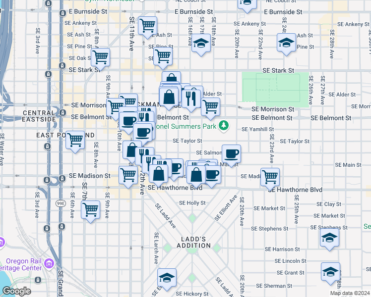 map of restaurants, bars, coffee shops, grocery stores, and more near 1525 Southeast Salmon Street in Portland