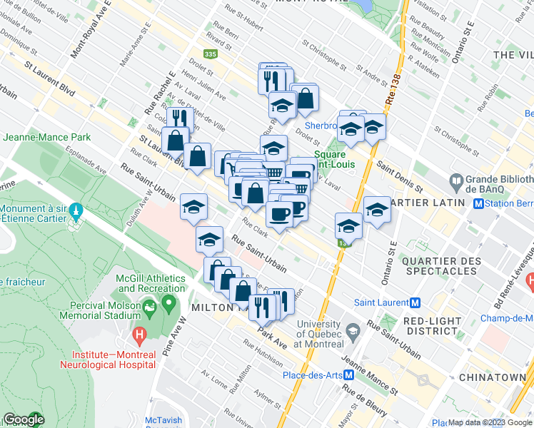 map of restaurants, bars, coffee shops, grocery stores, and more near 3653 Boulevard Saint-Laurent in Montréal