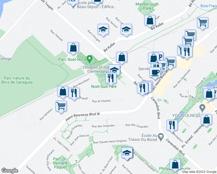 map of restaurants, bars, coffee shops, grocery stores, and more near 3006 Rue Biret in Montréal