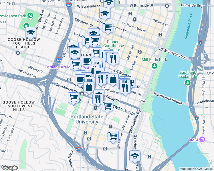 map of restaurants, bars, coffee shops, grocery stores, and more near 1335 Southwest 5th Avenue in Portland