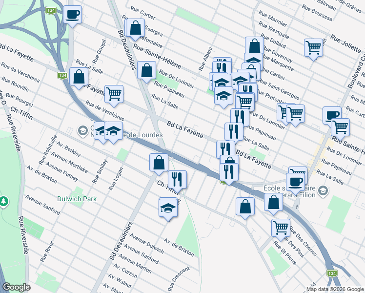 map of restaurants, bars, coffee shops, grocery stores, and more near 1134 Rue de Verchères in Longueuil