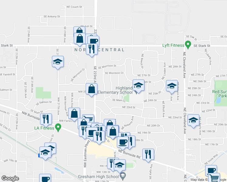 map of restaurants, bars, coffee shops, grocery stores, and more near 1121 Southeast 225th Avenue in Gresham