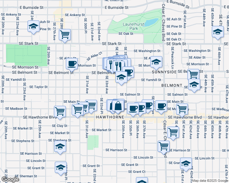 map of restaurants, bars, coffee shops, grocery stores, and more near 1137 Southeast 34th Avenue in Portland