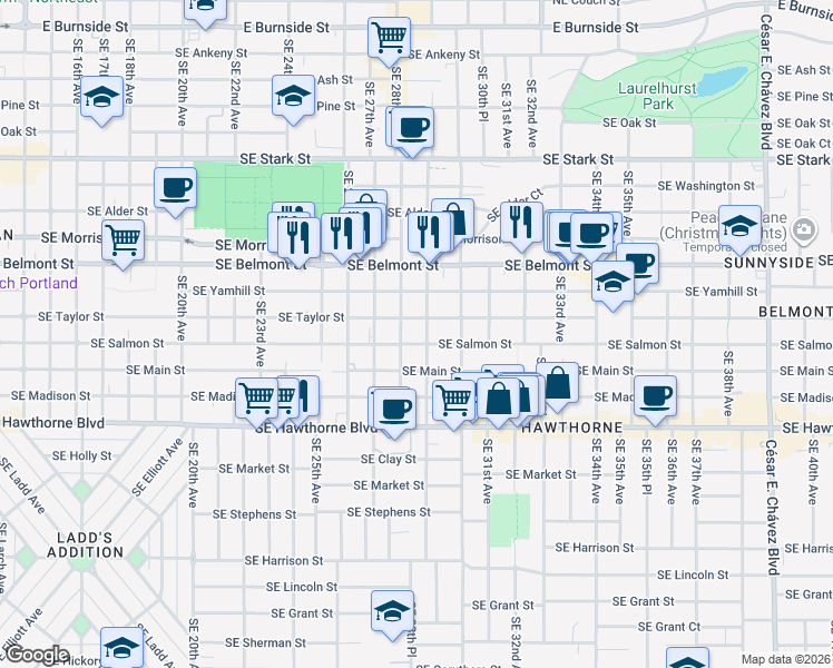 map of restaurants, bars, coffee shops, grocery stores, and more near 1133 Southeast 28th Avenue in Portland