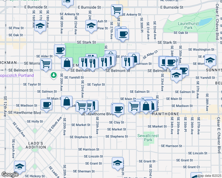 map of restaurants, bars, coffee shops, grocery stores, and more near 1137 Southeast 27th Avenue in Portland