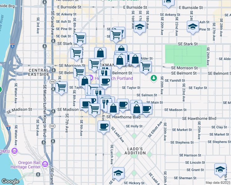 map of restaurants, bars, coffee shops, grocery stores, and more near 1325 Southeast Salmon Street in Portland