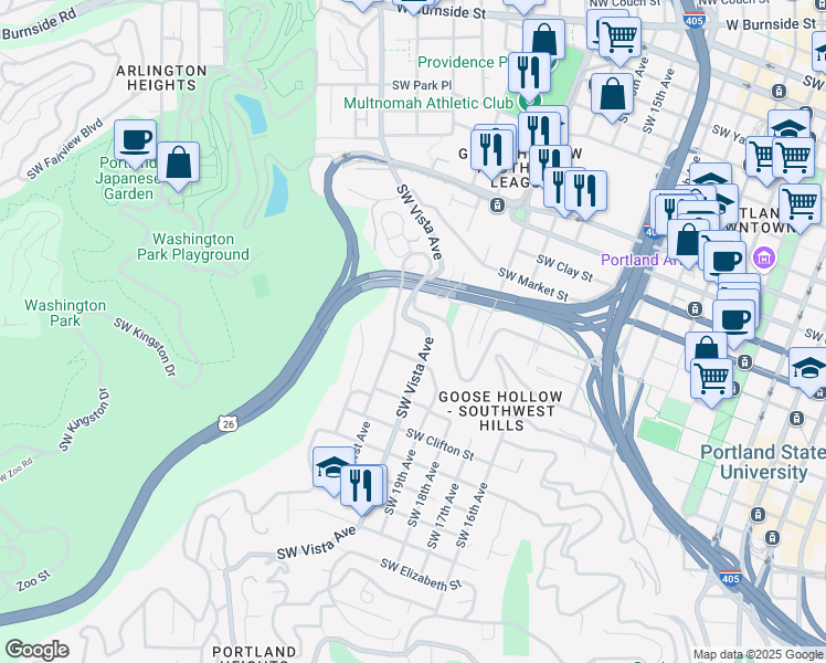 map of restaurants, bars, coffee shops, grocery stores, and more near 1825 Southwest Vista Avenue in Portland