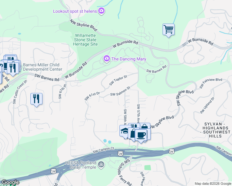 map of restaurants, bars, coffee shops, grocery stores, and more near 6041 Southwest Salmon Street in Portland