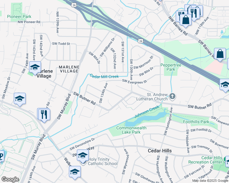 map of restaurants, bars, coffee shops, grocery stores, and more near 13235 Southwest Aragon Street in Beaverton
