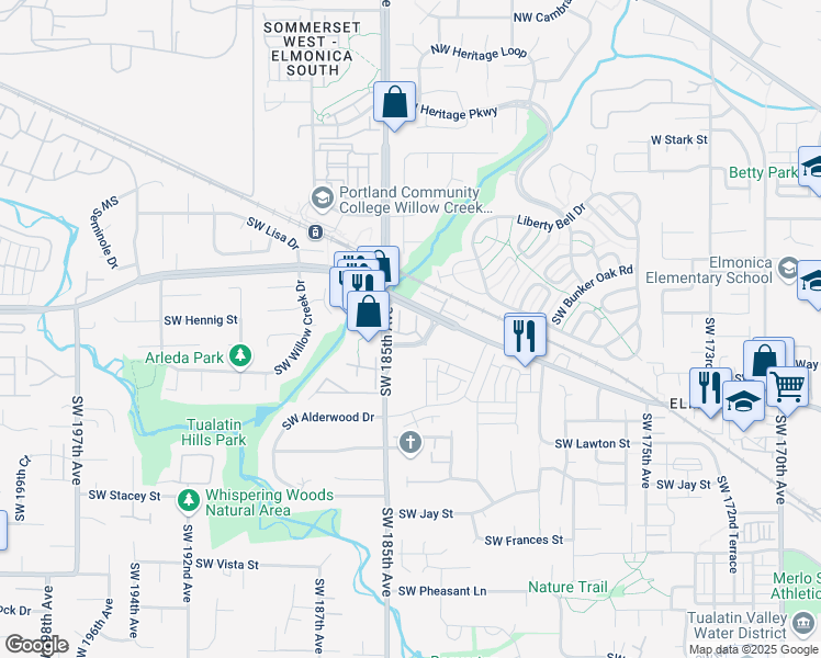 map of restaurants, bars, coffee shops, grocery stores, and more near 18485 Southwest Stepping Stone Drive in Beaverton