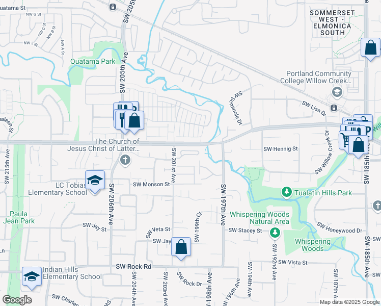 map of restaurants, bars, coffee shops, grocery stores, and more near 656 Southwest 201st Avenue in Aloha