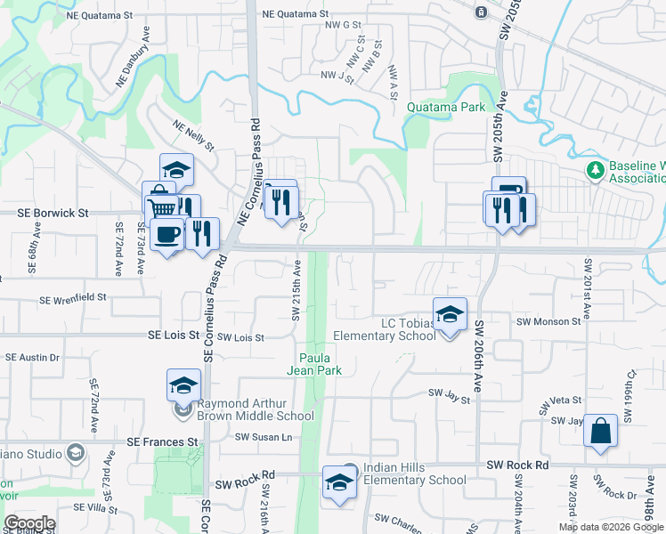 map of restaurants, bars, coffee shops, grocery stores, and more near 21280 Southwest Baseline Road in Beaverton
