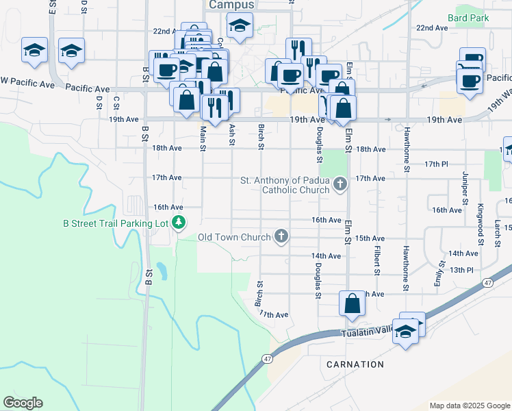 map of restaurants, bars, coffee shops, grocery stores, and more near 1610 Ash Street in Forest Grove