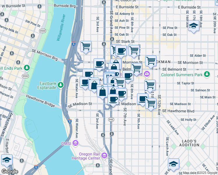 map of restaurants, bars, coffee shops, grocery stores, and more near 1135 Southeast Grand Avenue in Portland