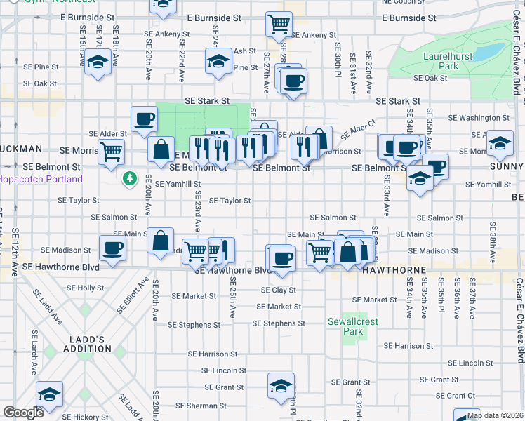 map of restaurants, bars, coffee shops, grocery stores, and more near 1139 Southeast 27th Avenue in Portland