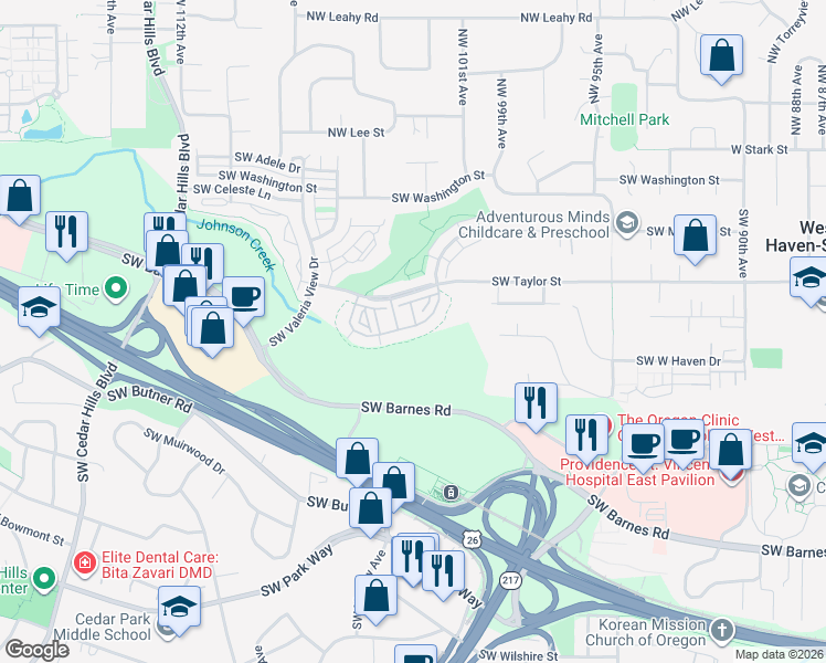 map of restaurants, bars, coffee shops, grocery stores, and more near 10262 Southwest Windwood Way in Portland