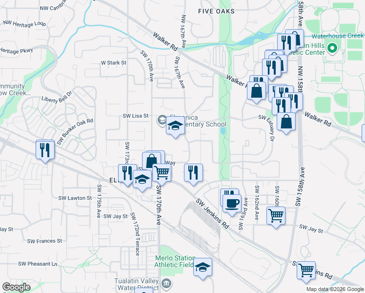 map of restaurants, bars, coffee shops, grocery stores, and more near 16795 Southwest Artesian Court in Beaverton