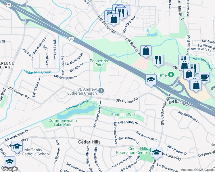 map of restaurants, bars, coffee shops, grocery stores, and more near 12320 Southwest Spring Court in Portland