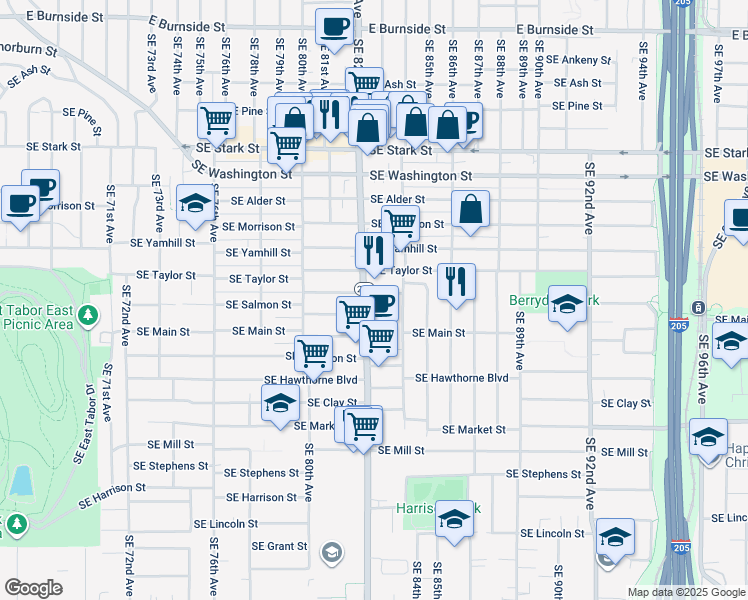 map of restaurants, bars, coffee shops, grocery stores, and more near 1164 Southeast 82nd Avenue in Portland