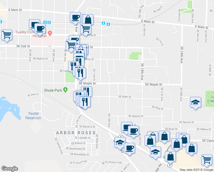 map of restaurants, bars, coffee shops, grocery stores, and more near 1280 Southeast Maple Street in Hillsboro